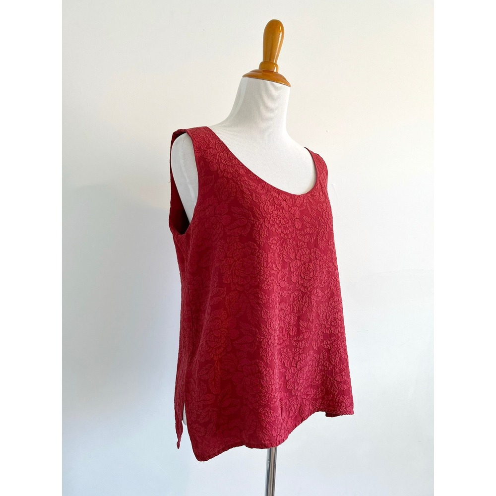 Vintage Red Silk Floral Textured Tank Top Jacquard Washed Silk Sleeveless Blouse - Picture 3 of 11